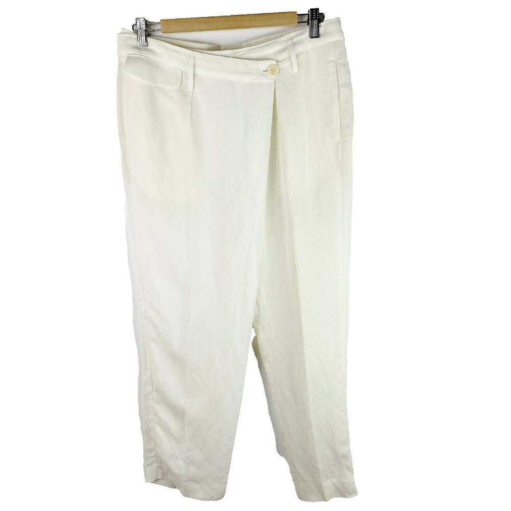 Peachoo + Krejberg Pants Womens Medium White Linen Crossover Lagenlook Trouser